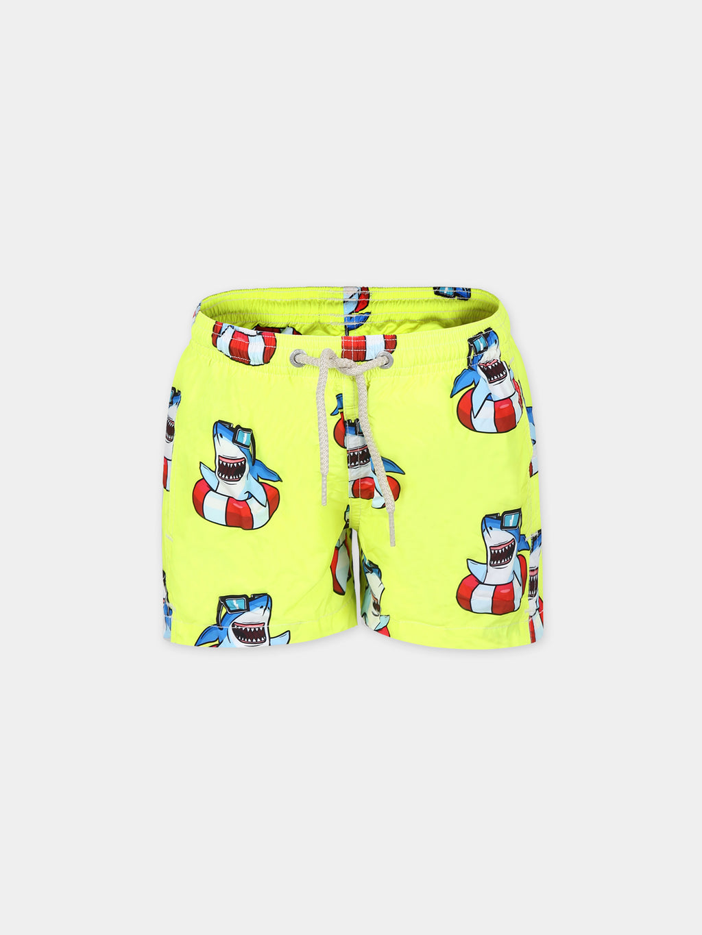 Yellow swim shorts for boy with shark print